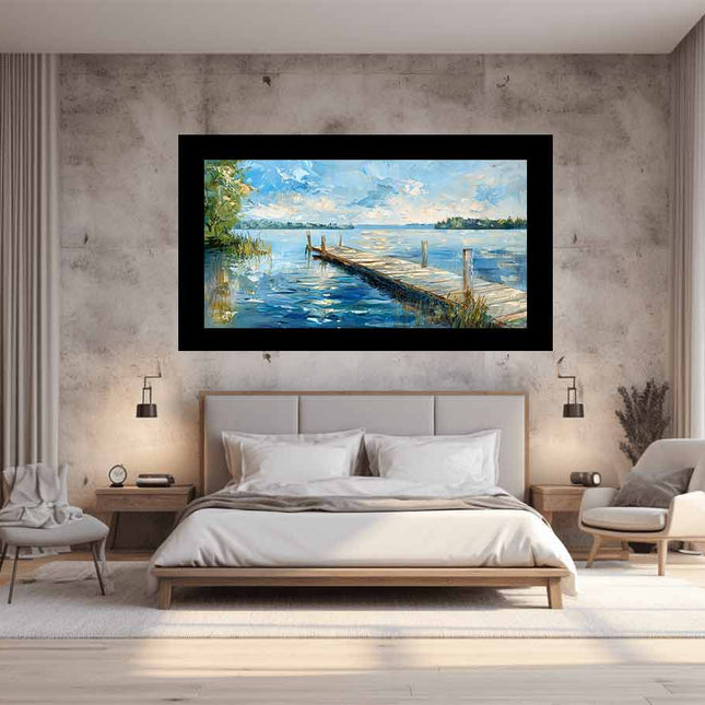 Modern bedroom with a painting of a dock by a lake on the wall.