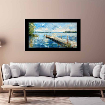 Framed artwork of a dock by a lake on a wall above a sofa in a living room.