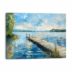 Painting of a dock extending into a calm lake with trees and clouds in the sky.