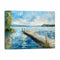 Painting of a dock extending into a calm lake with trees and clouds in the sky.