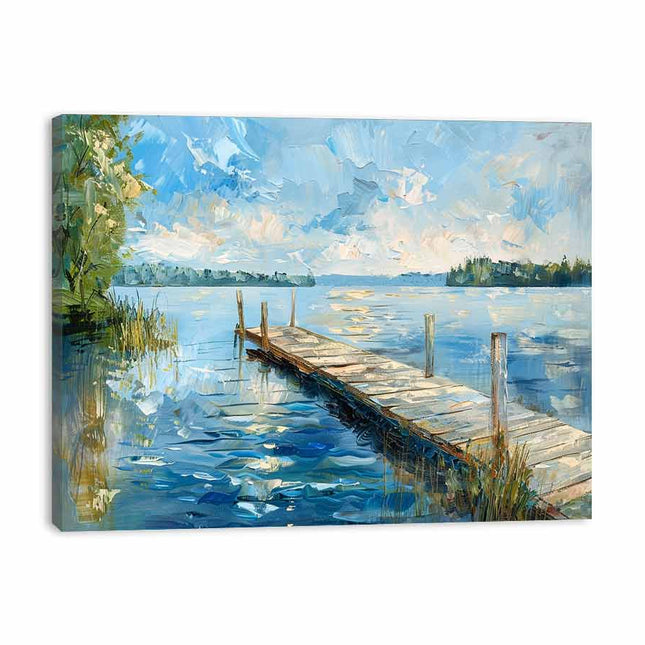 Painting of a dock extending into a calm lake with trees and clouds in the sky.