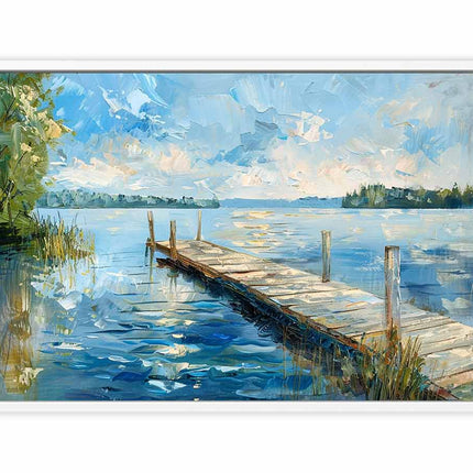 Framed painting of a dock extending into a lake with a blue sky.
