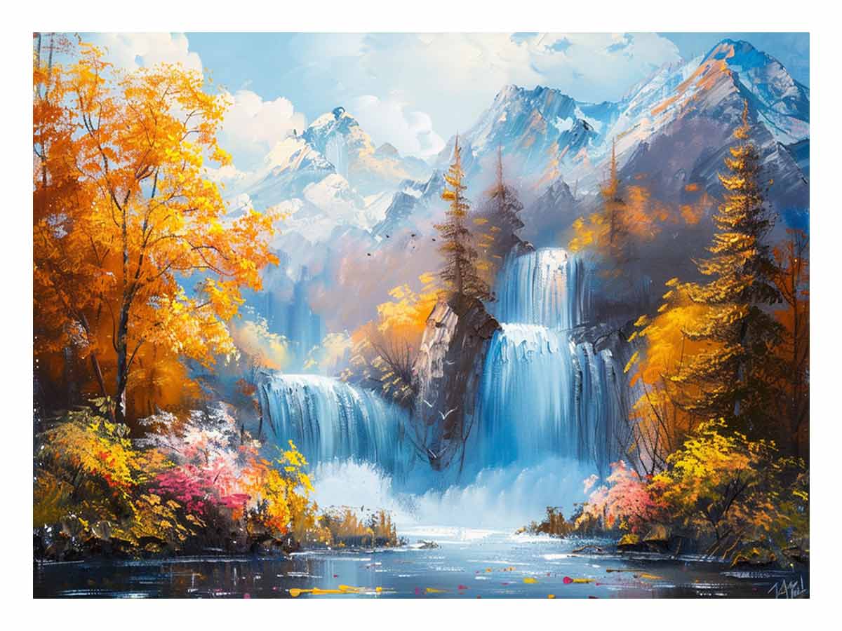 Painting of a mountain landscape with a waterfall and autumn trees.