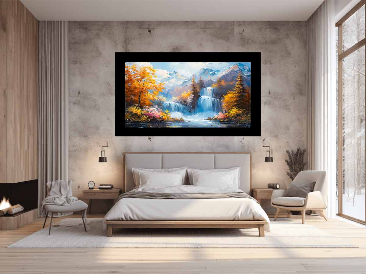 Modern bedroom with a large landscape painting of a waterfall on the wall.
