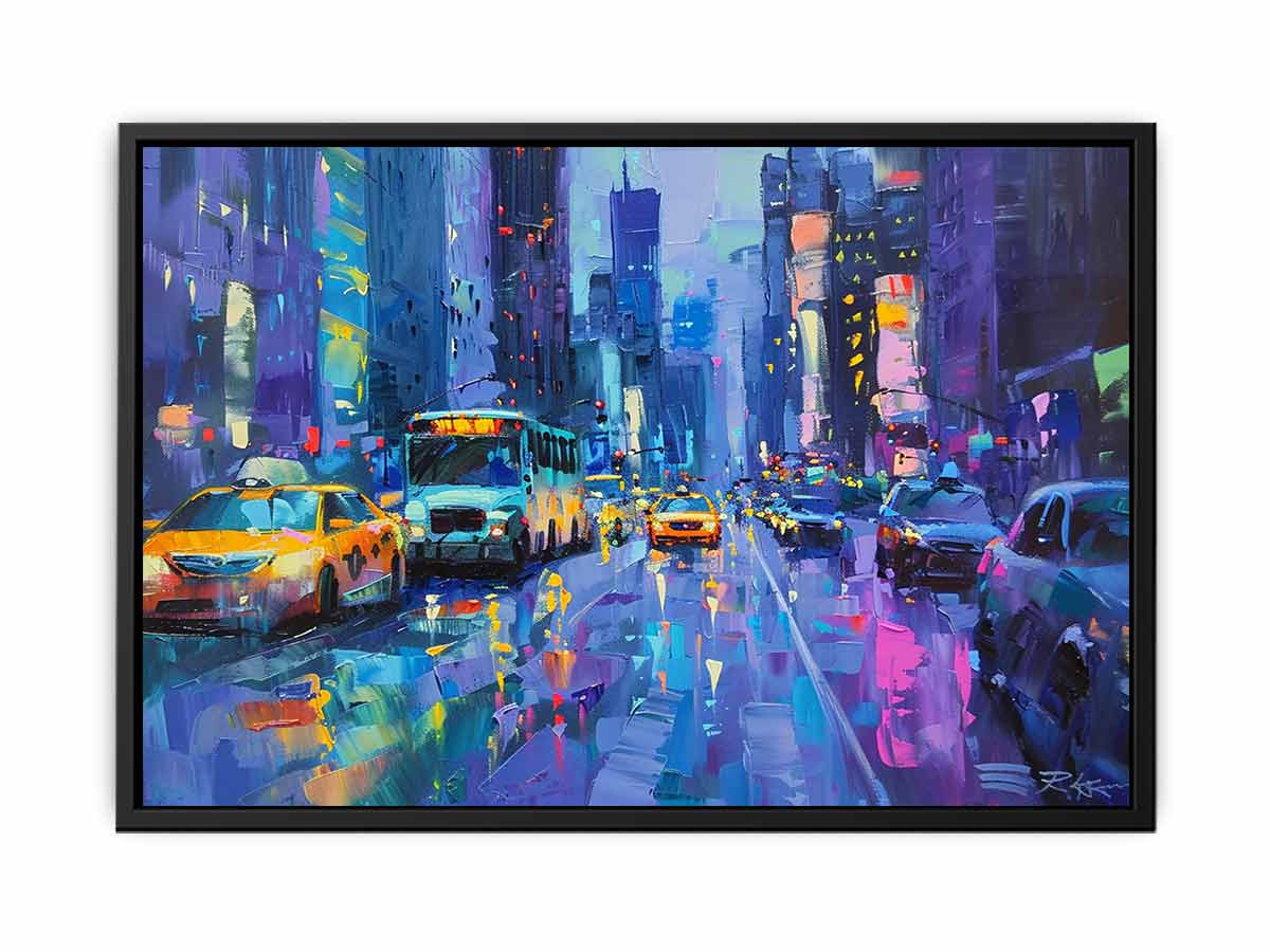 Framed painting of a vibrant city street scene with taxis and buses.