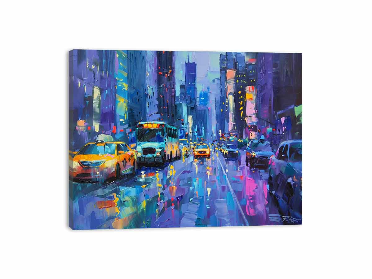 Colorful city street scene with taxis and buses on a rainy night.