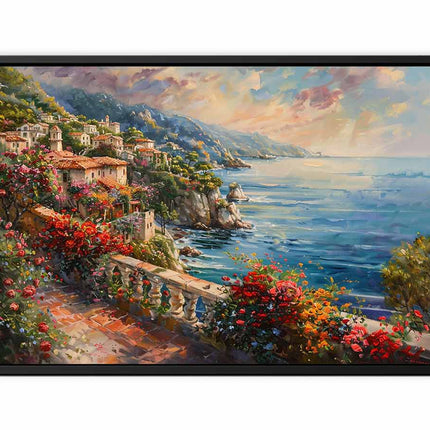 Framed painting of a coastal scene with flowers and a bench.