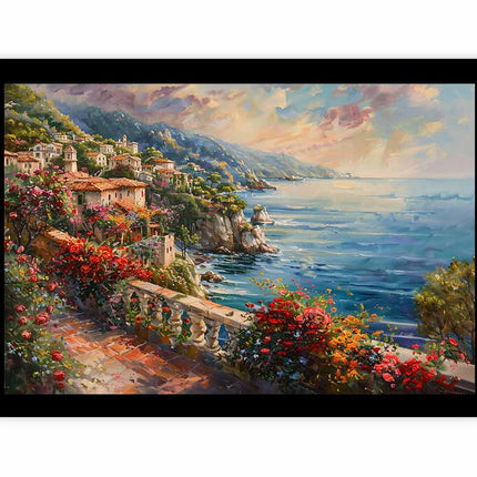 Framed painting of a coastal scene with houses, flowers, and ocean.