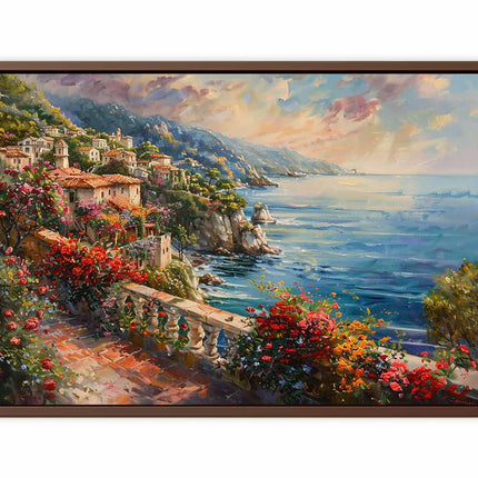 Framed painting of a coastal scene with flowers and a bench.