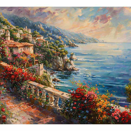 Painting of a coastal scene with houses, flowers, and a bench.