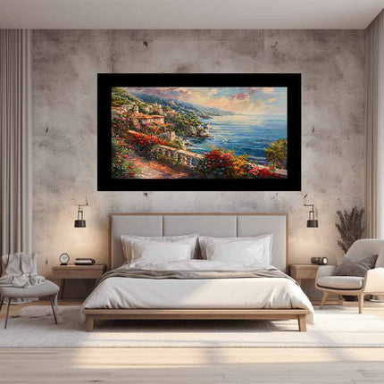 Modern bedroom with a large painting of a coastal scene on the wall.