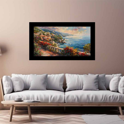 Framed painting of a coastal scene above a white sofa in a living room.