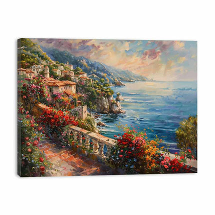 Canvas print of a coastal scene with flowers and buildings.