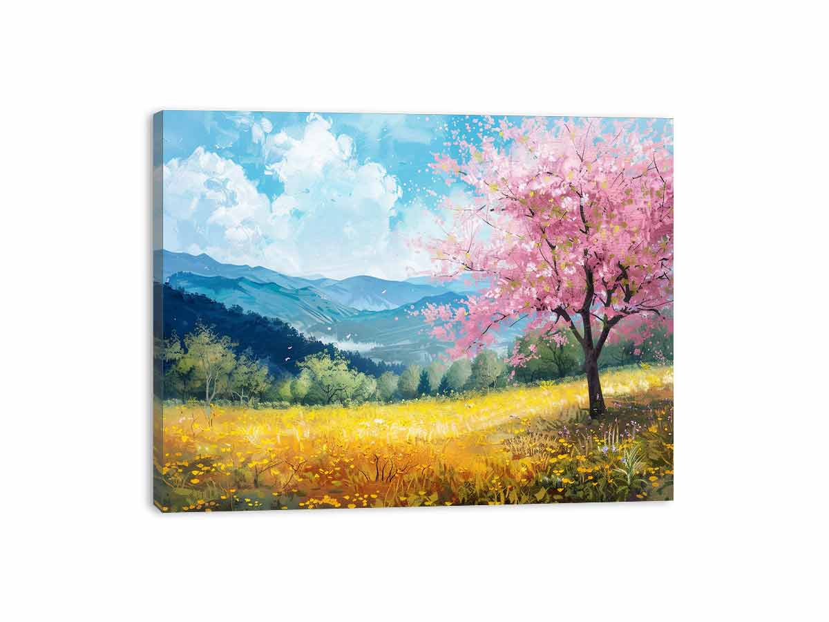 Painting of a cherry blossom tree in a field with mountains in the background