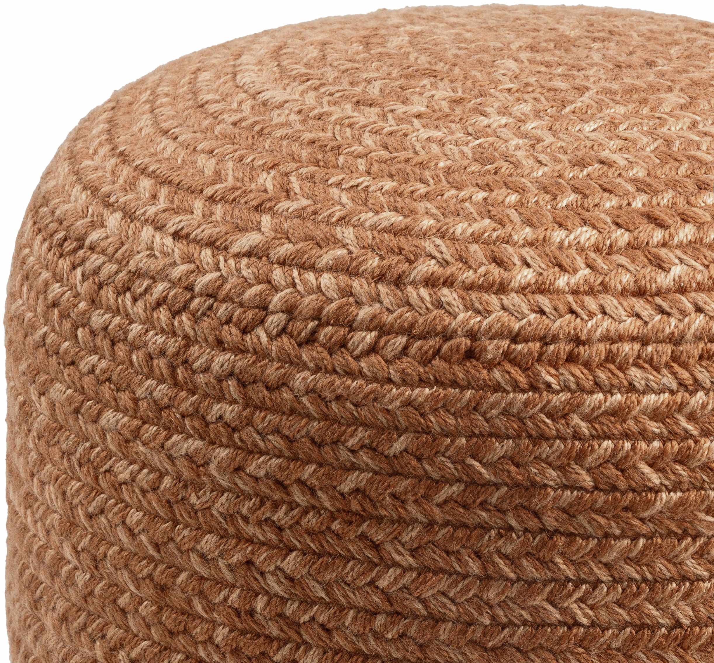 Close-up of a woven brown ottoman with a textured surface.