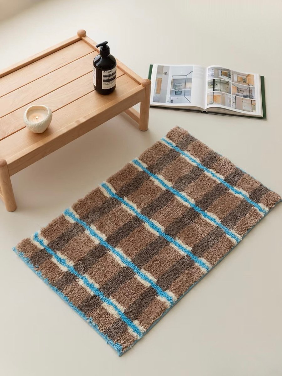 Ultra Soft Retro Earthy Tone Checker Bath Rug, Absorbent Mat-0