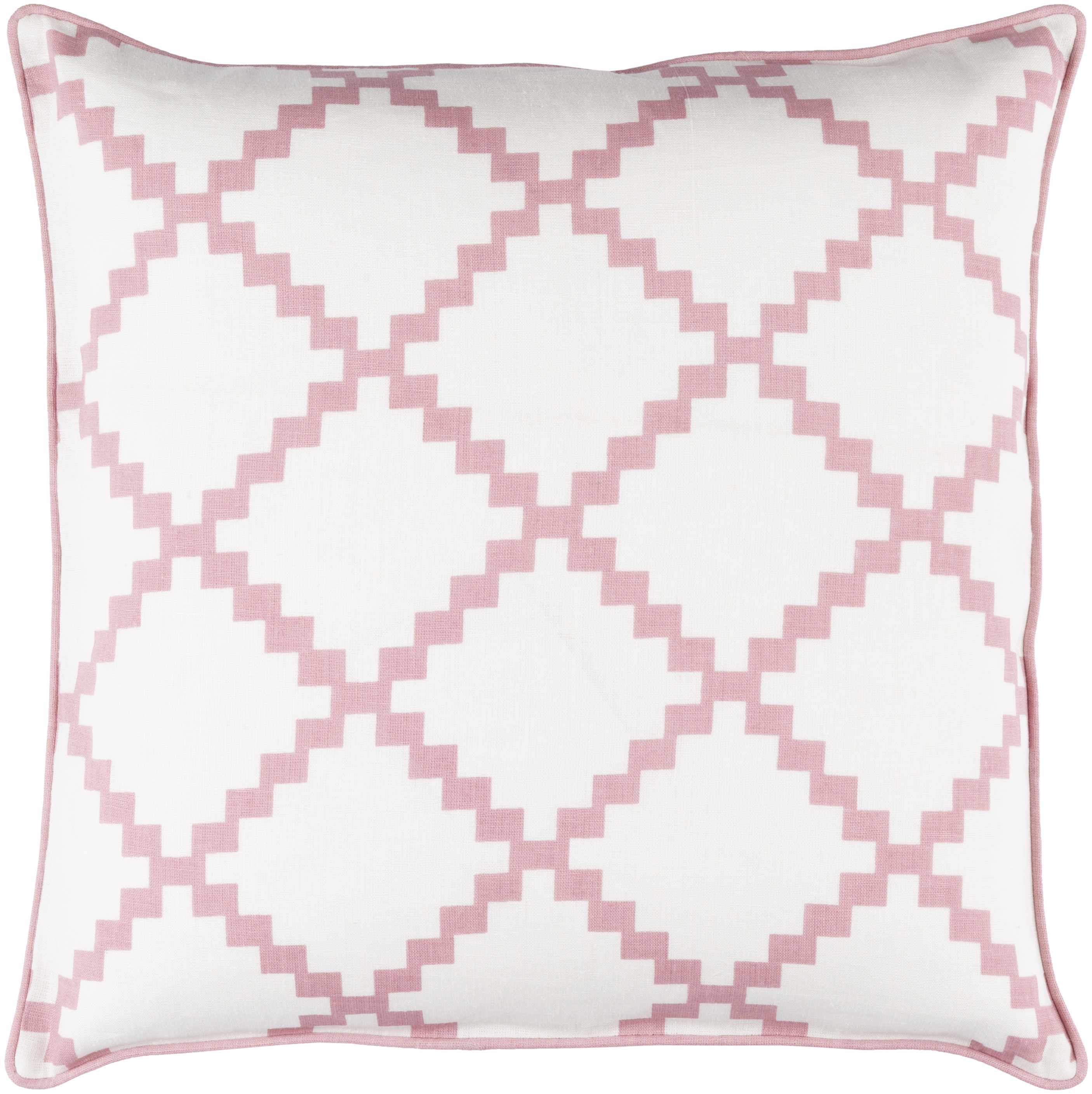 Decorative pillow with pink geometric pattern on a white background