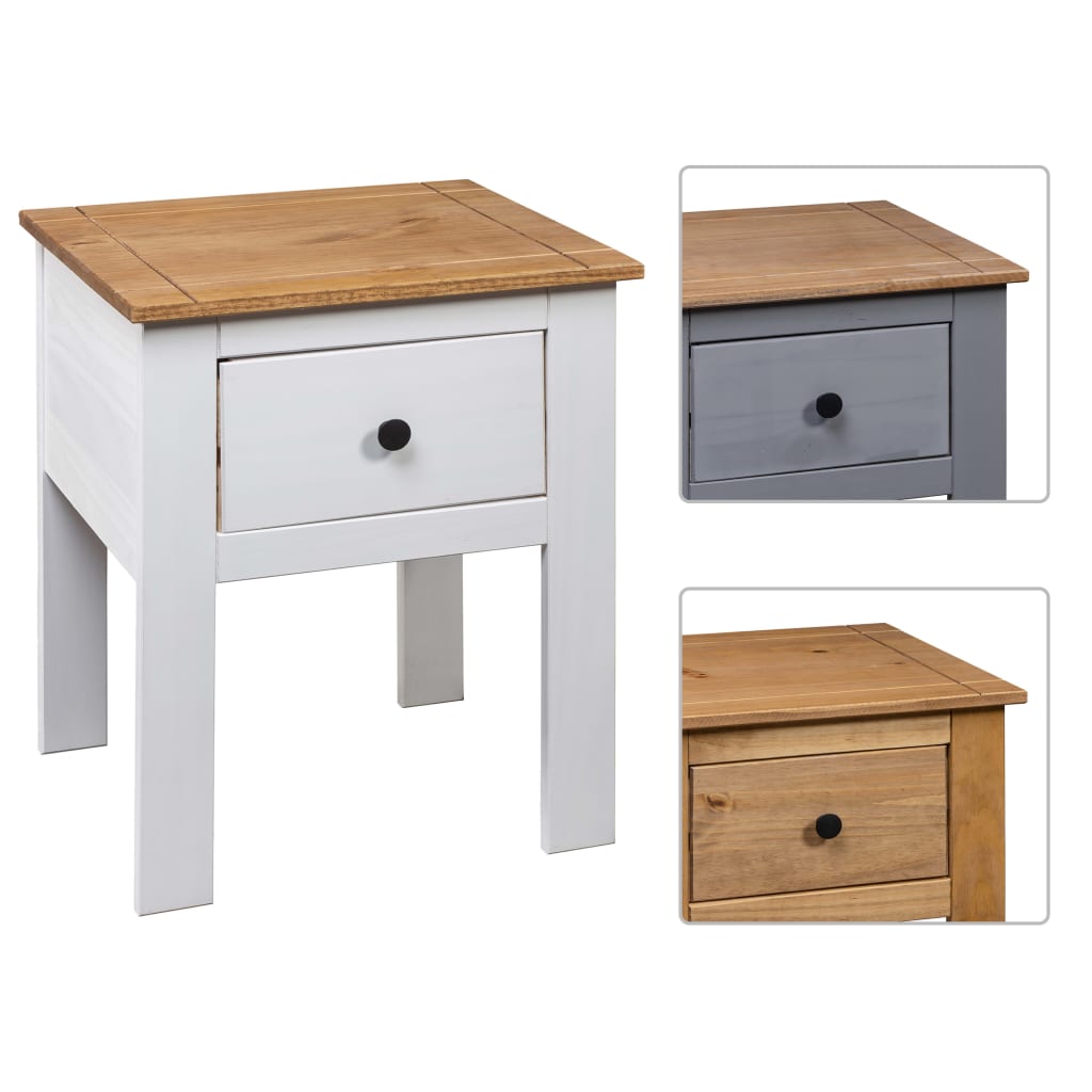 Side table with wooden top and white or gray base, shown in different color options.
