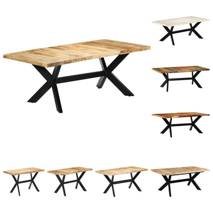Set of wooden tables with black metal legs on a white background
