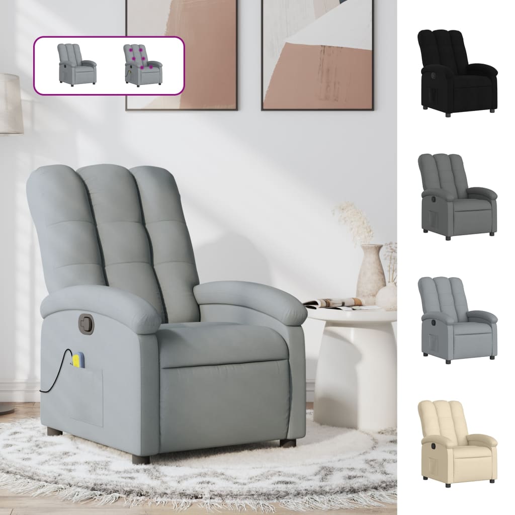 Gray recliner chair in a living room setting with additional views of similar chairs.