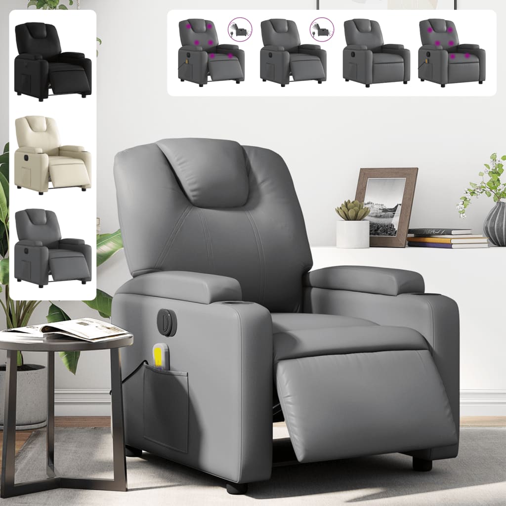 Gray recliner chair with multiple views and settings displayed.