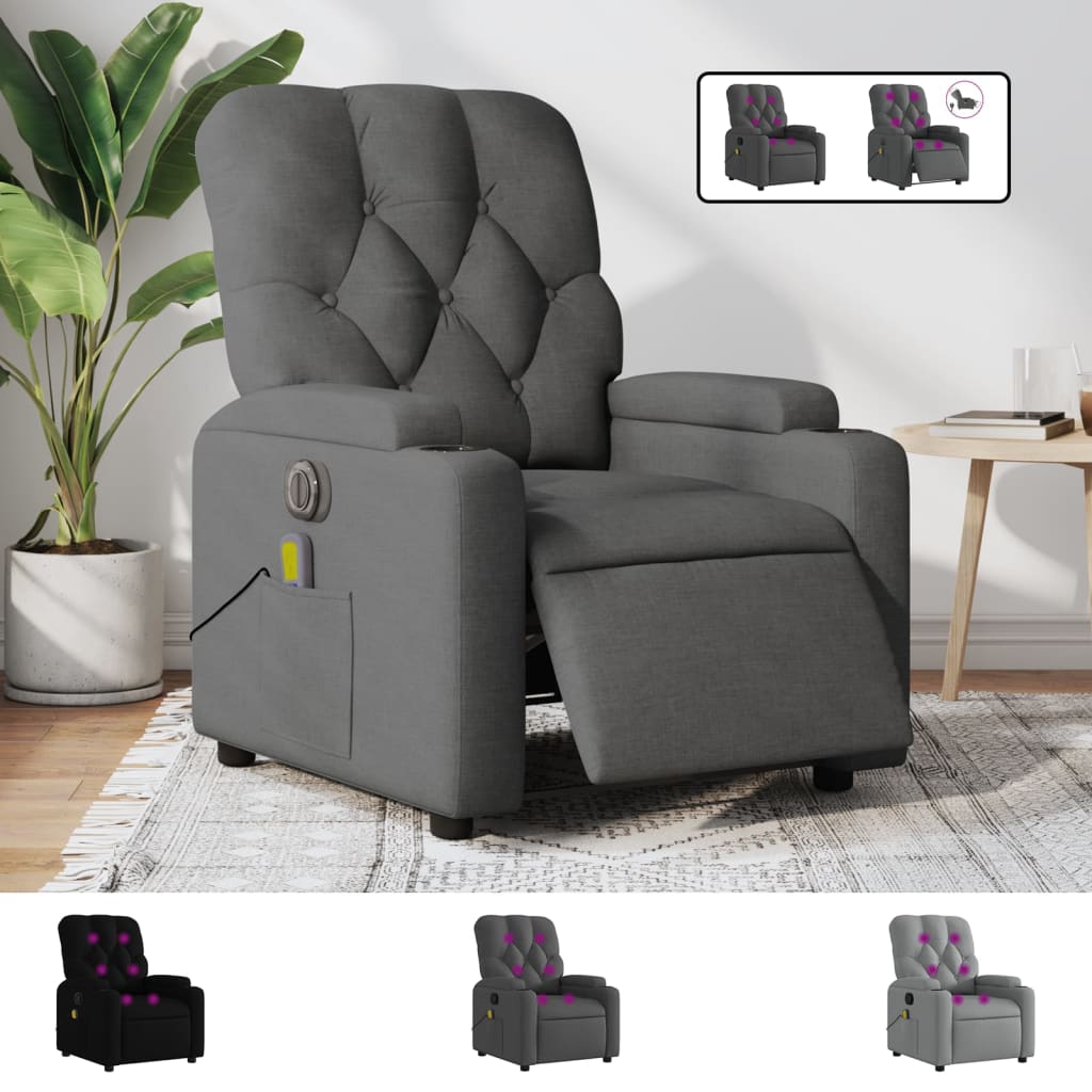 Gray recliner chair in a room setting with a plant and table.