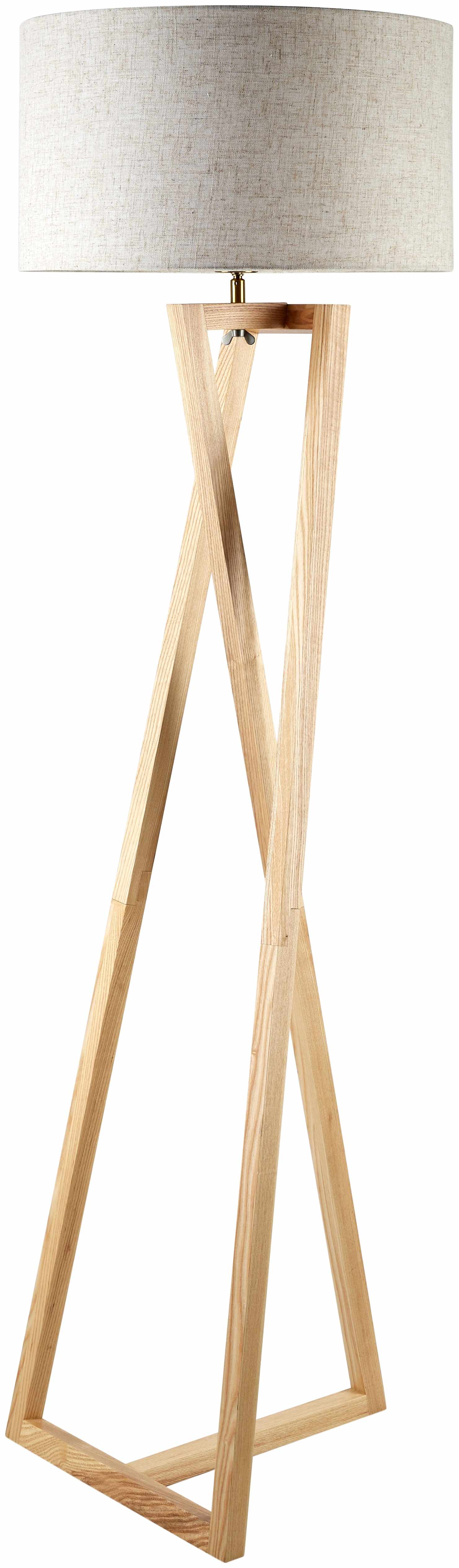 Wooden floor lamp with a gray lampshade on a white background