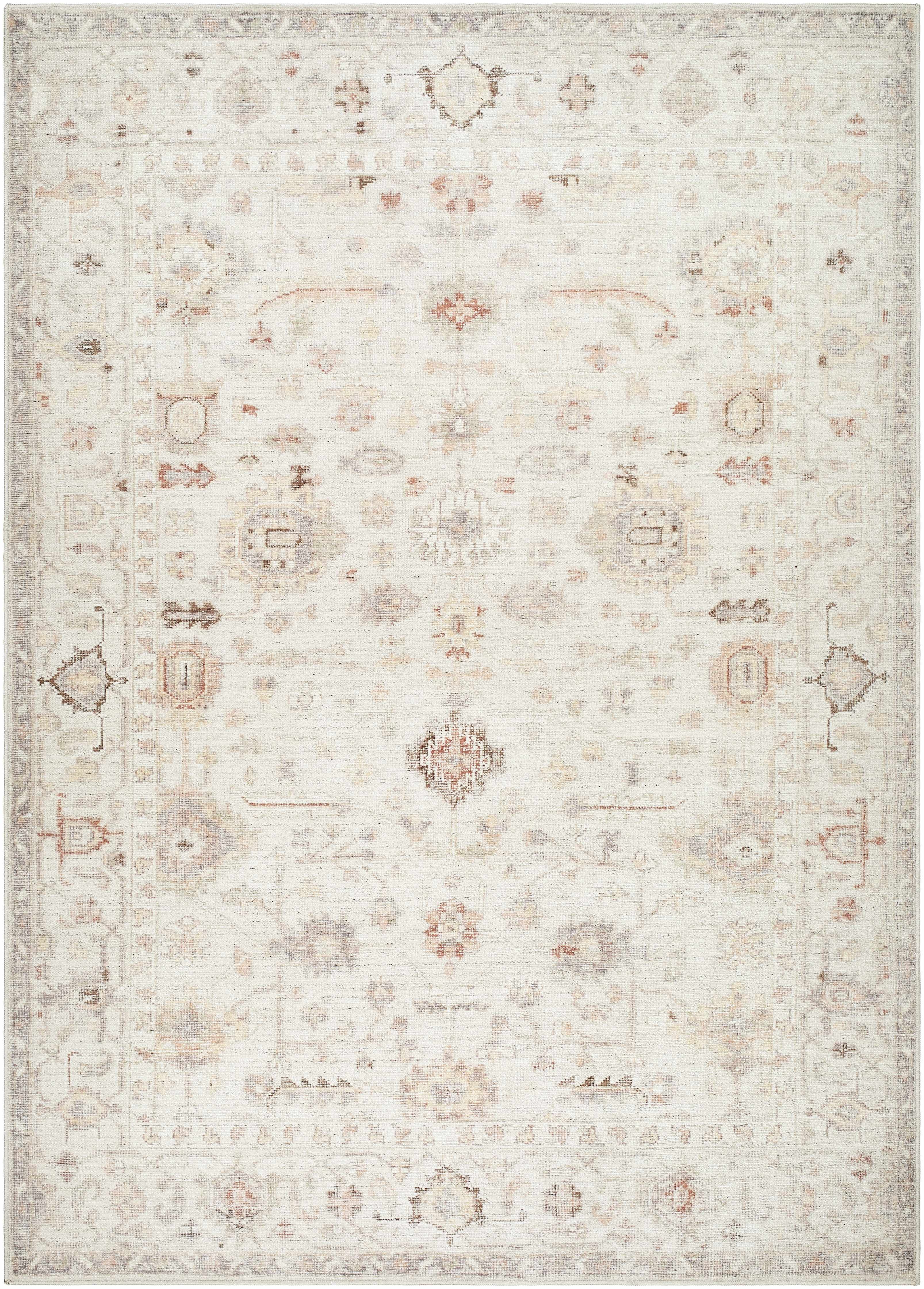 Patterned rug with intricate designs on a light background