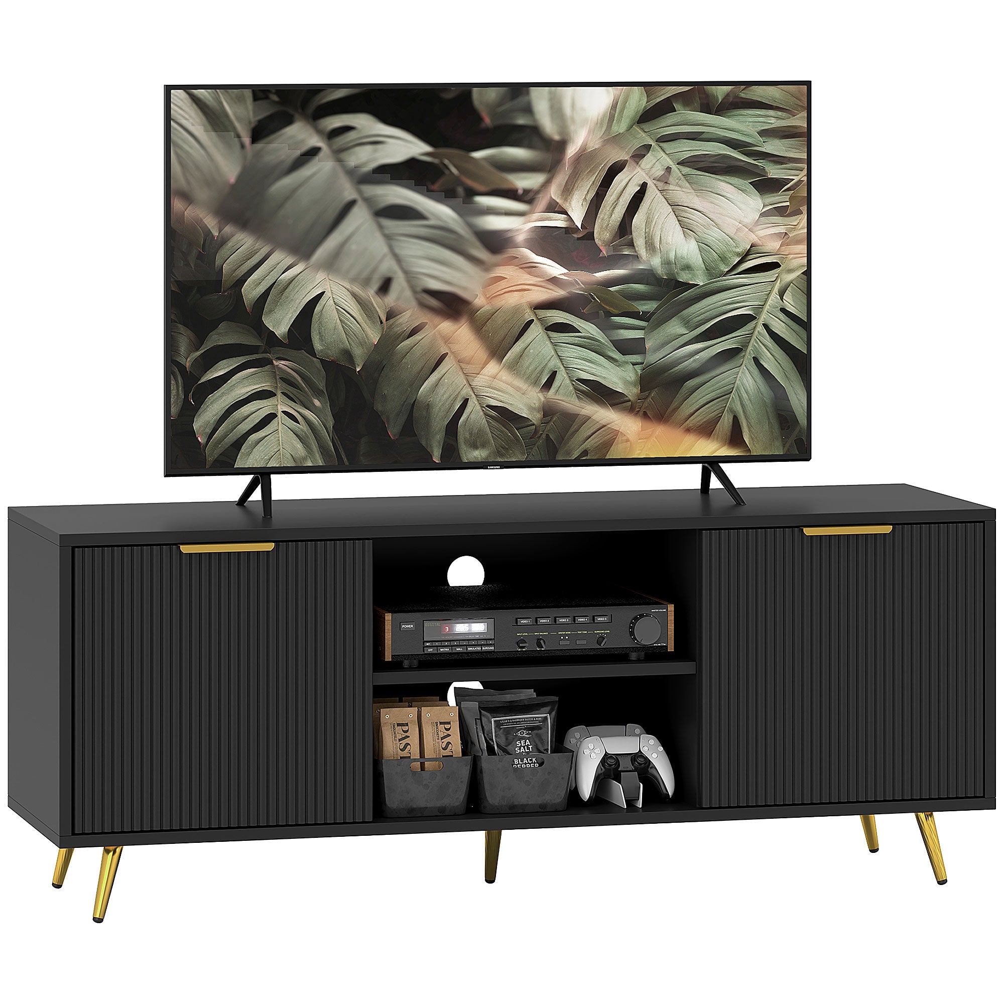 Modern TV Stand Cabinet for TVs up to 55", TV Unit with 2 Open Shelves and 2 Cabinets, Entertainment Centre with Cable Management for Living Room, Black-0