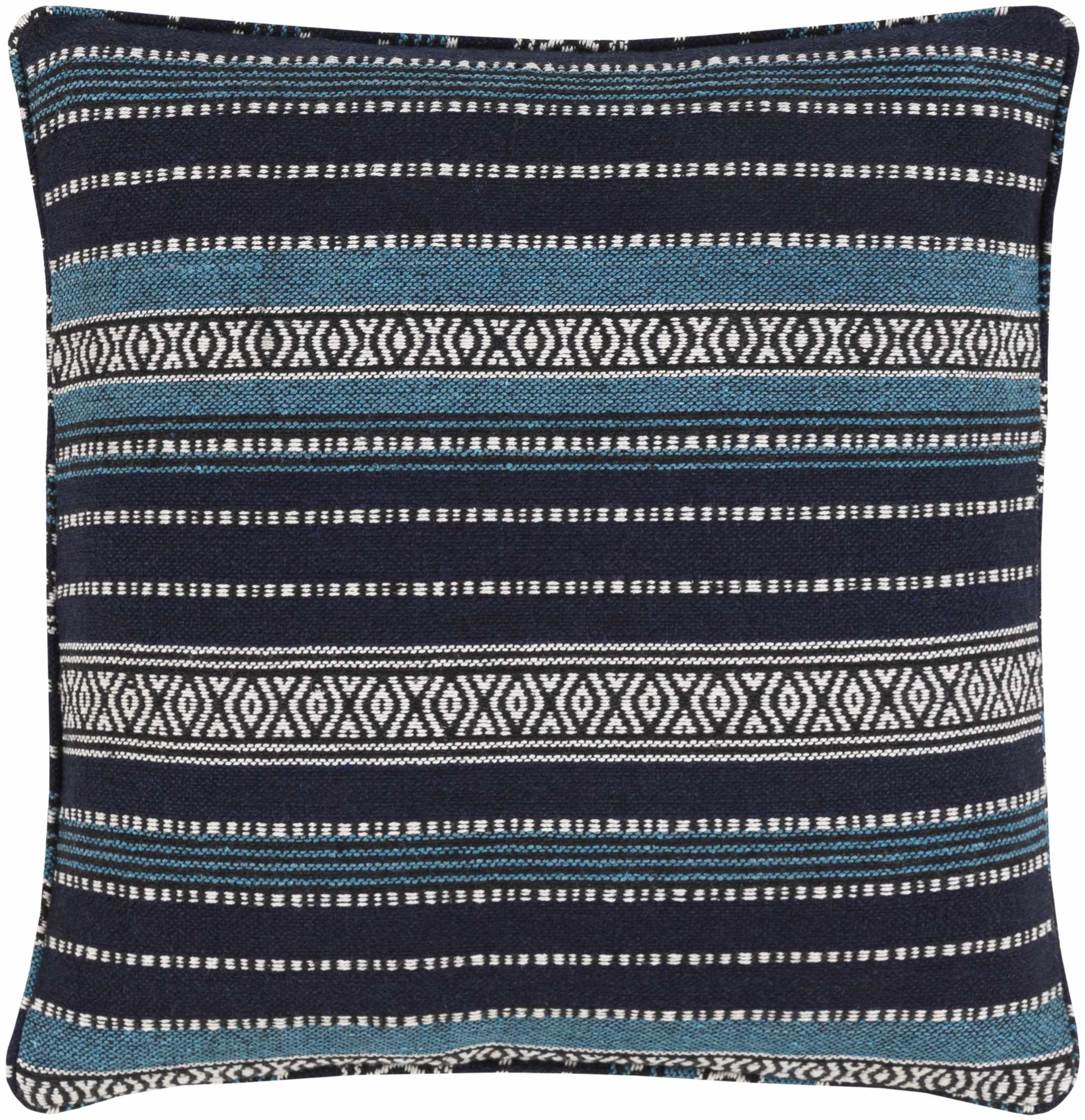 Navy blue pillow with white and light blue geometric pattern