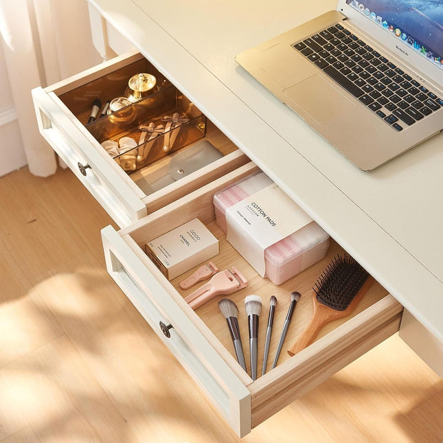 White Desk with Drawers, 47 Inch Home Office Desks Solid Wood Writing Desk for Home Office, Study Workspace or Bedroom-2