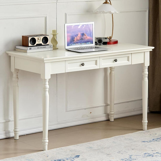White Desk with Drawers, 47 Inch Home Office Desks Solid Wood Writing Desk for Home Office, Study Workspace or Bedroom-0