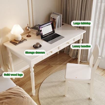White Desk with Drawers, 47 Inch Home Office Desks Solid Wood Writing Desk for Home Office, Study Workspace or Bedroom-3