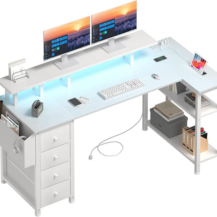 White L Shaped Computer Desk with Fabric Drawers, 55 Inch Corner Home Office Desk with Monitor Stand Shelves, Writing Study Gaming Desks with Led Lights and Power Outlets for Bedroom, White-0