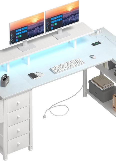 White L Shaped Computer Desk with Fabric Drawers, 55 Inch Corner Home Office Desk with Monitor Stand Shelves, Writing Study Gaming Desks with Led Lights and Power Outlets for Bedroom, White-0