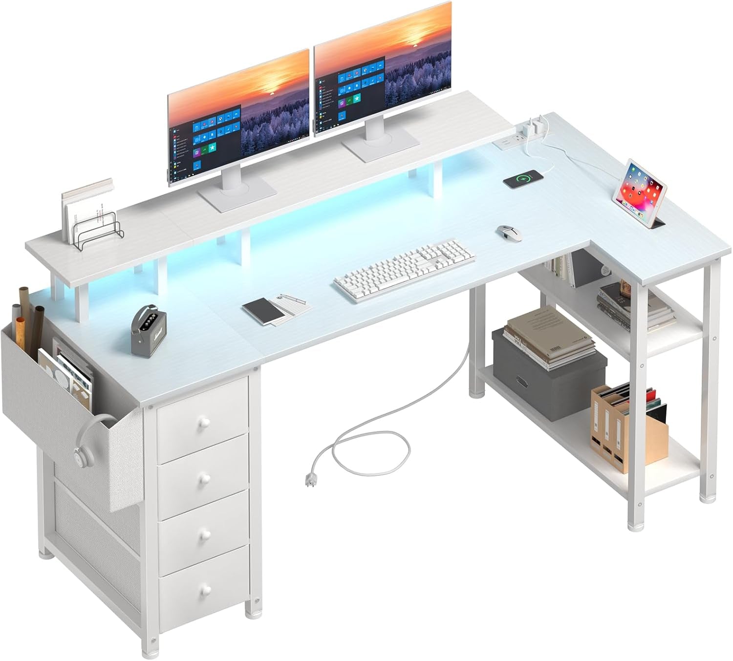 White L Shaped Computer Desk with Fabric Drawers, 55 Inch Corner Home Office Desk with Monitor Stand Shelves, Writing Study Gaming Desks with Led Lights and Power Outlets for Bedroom, White-0