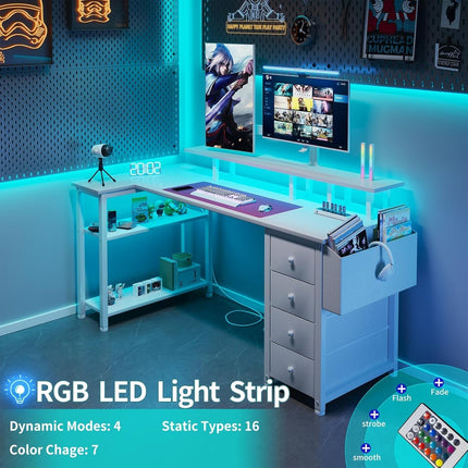White L Shaped Computer Desk with Fabric Drawers, 55 Inch Corner Home Office Desk with Monitor Stand Shelves, Writing Study Gaming Desks with Led Lights and Power Outlets for Bedroom, White-3