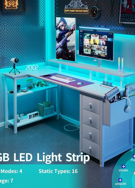 White L Shaped Computer Desk with Fabric Drawers, 55 Inch Corner Home Office Desk with Monitor Stand Shelves, Writing Study Gaming Desks with Led Lights and Power Outlets for Bedroom, White-3