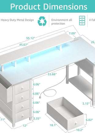 White L Shaped Computer Desk with Fabric Drawers, 55 Inch Corner Home Office Desk with Monitor Stand Shelves, Writing Study Gaming Desks with Led Lights and Power Outlets for Bedroom, White-2