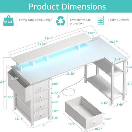 White L Shaped Computer Desk with Fabric Drawers, 55 Inch Corner Home Office Desk with Monitor Stand Shelves, Writing Study Gaming Desks with Led Lights and Power Outlets for Bedroom, White-2