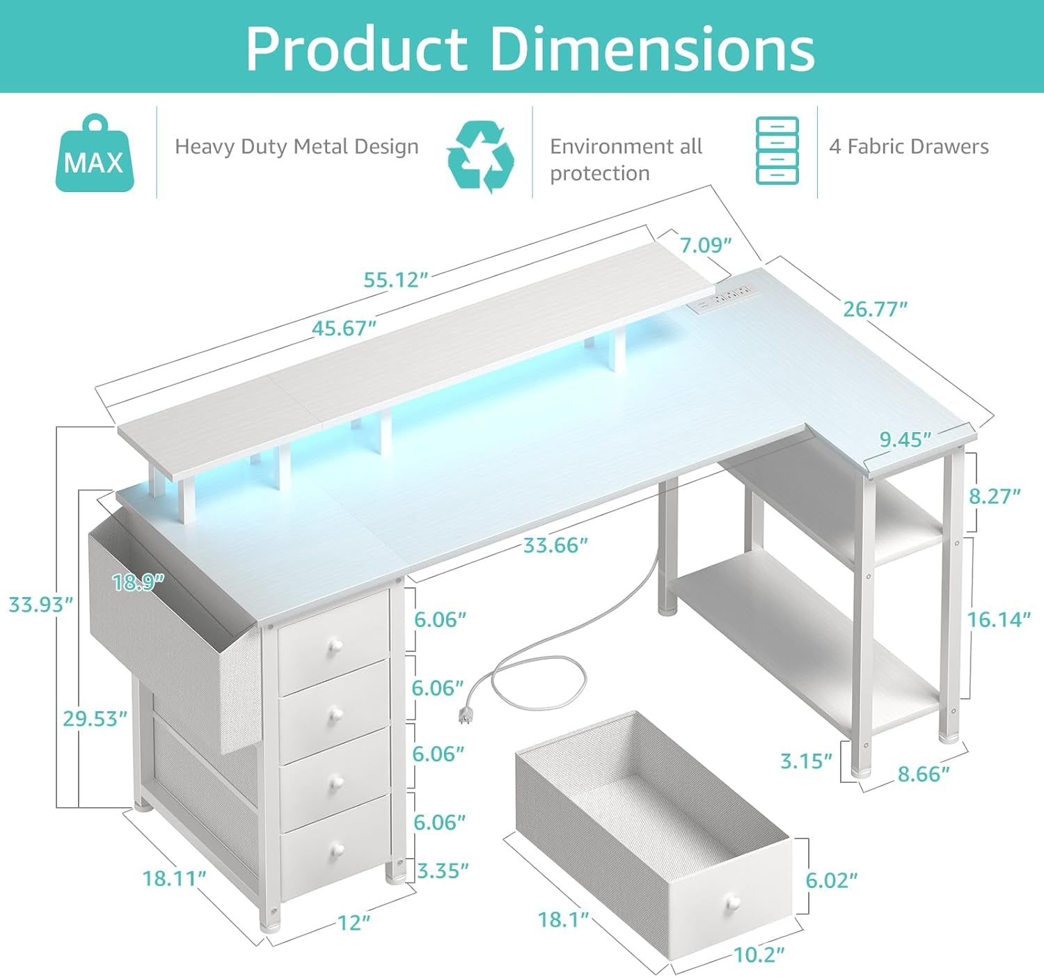 White L Shaped Computer Desk with Fabric Drawers, 55 Inch Corner Home Office Desk with Monitor Stand Shelves, Writing Study Gaming Desks with Led Lights and Power Outlets for Bedroom, White-2