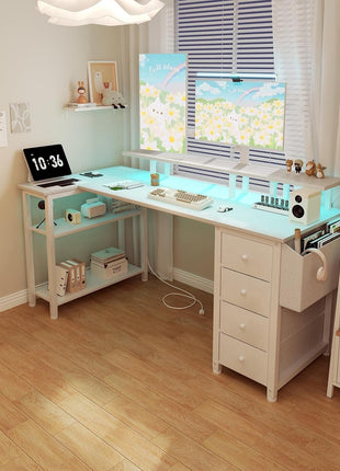 White L Shaped Computer Desk with Fabric Drawers, 55 Inch Corner Home Office Desk with Monitor Stand Shelves, Writing Study Gaming Desks with Led Lights and Power Outlets for Bedroom, White-1