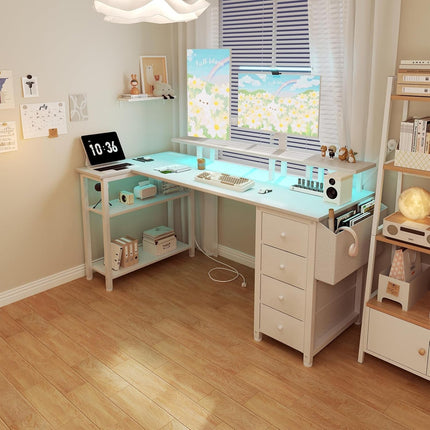 White L Shaped Computer Desk with Fabric Drawers, 55 Inch Corner Home Office Desk with Monitor Stand Shelves, Writing Study Gaming Desks with Led Lights and Power Outlets for Bedroom, White-1