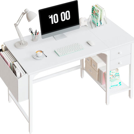 White Small Desk with Drawers - 40 Inch Computer Desk for Small Space Home Office, Modern Simple Study Writing Table PC Desks-0