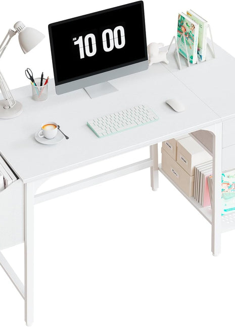 White Small Desk with Drawers - 40 Inch Computer Desk for Small Space Home Office, Modern Simple Study Writing Table PC Desks-0