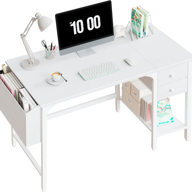 White Small Desk with Drawers - 40 Inch Computer Desk for Small Space Home Office, Modern Simple Study Writing Table PC Desks-0