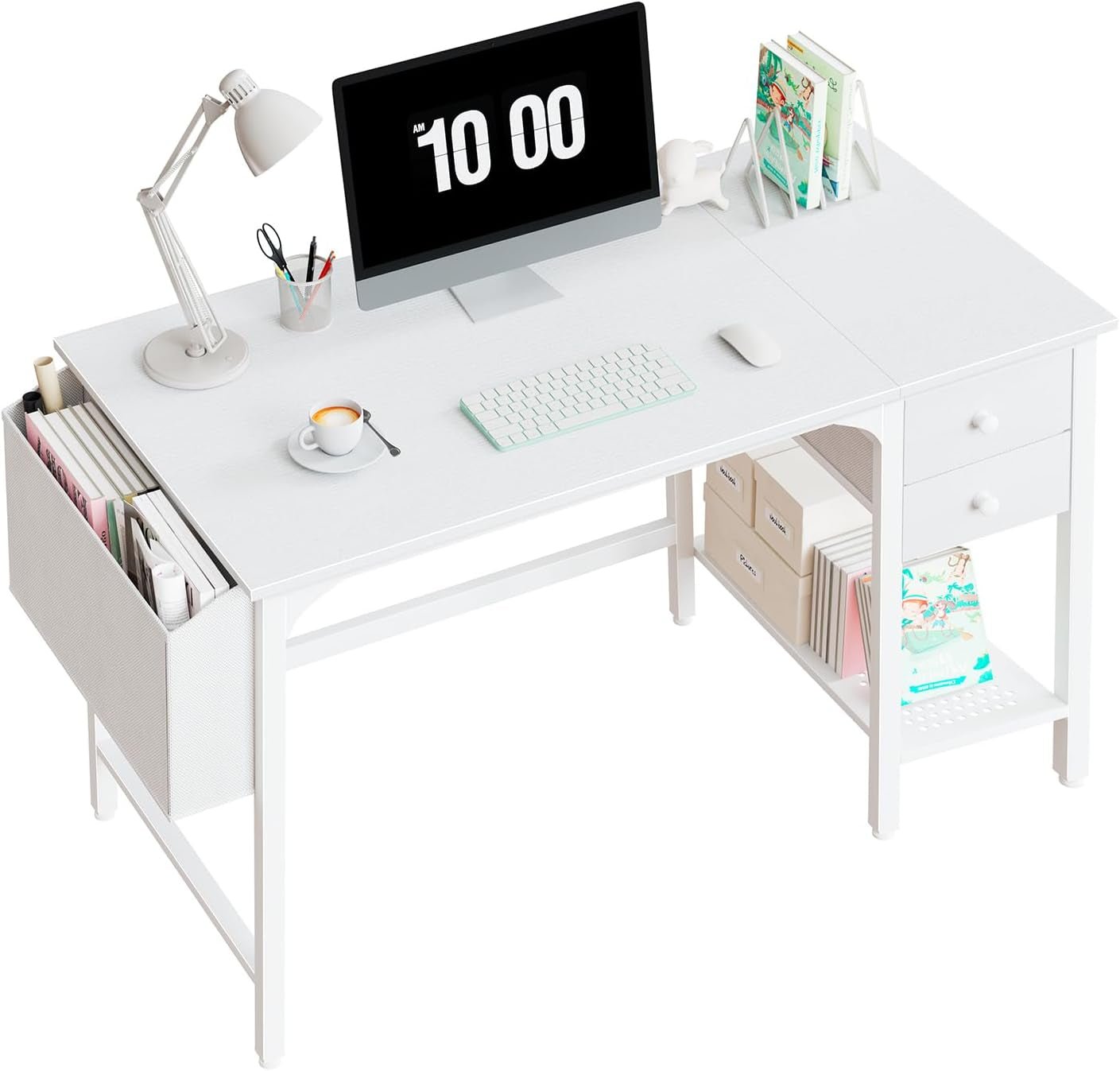 White Small Desk with Drawers - 40 Inch Computer Desk for Small Space Home Office, Modern Simple Study Writing Table PC Desks-0