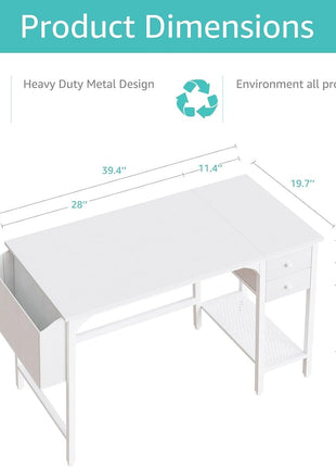 White Small Desk with Drawers - 40 Inch Computer Desk for Small Space Home Office, Modern Simple Study Writing Table PC Desks-2