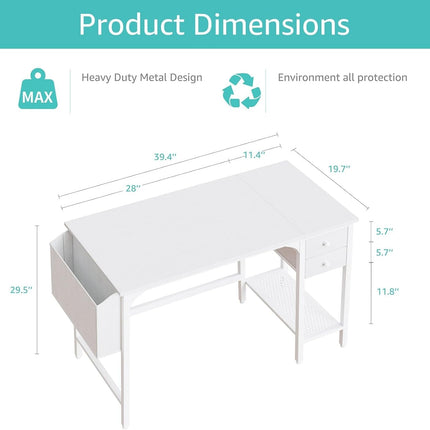White Small Desk with Drawers - 40 Inch Computer Desk for Small Space Home Office, Modern Simple Study Writing Table PC Desks-2