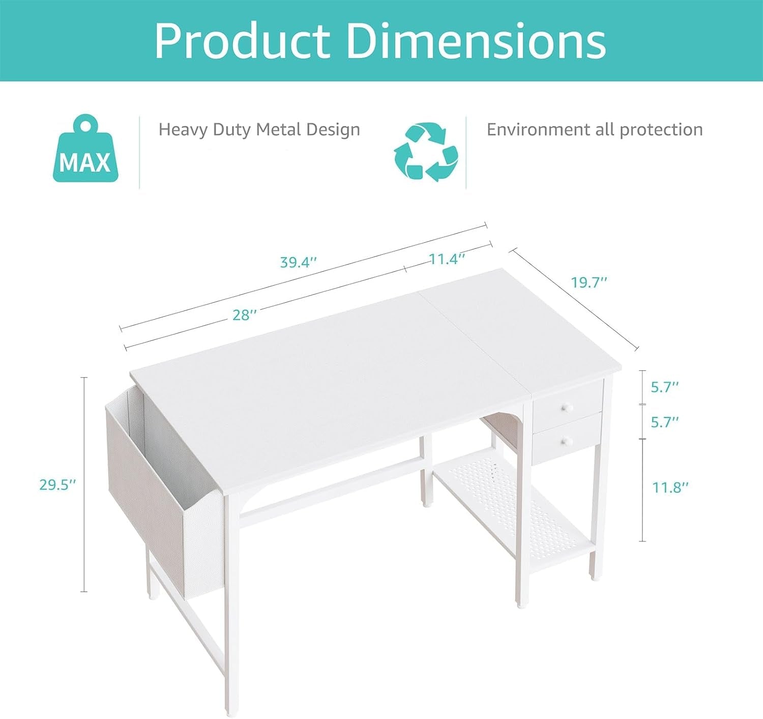 White Small Desk with Drawers - 40 Inch Computer Desk for Small Space Home Office, Modern Simple Study Writing Table PC Desks-2